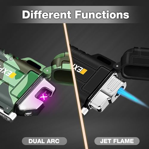 2 Pack Waterproof Lighter Outdoor Windproof Torch Lighters Dual Arc Butane Electric Lighters USB Rechargeable Lighters Fla...