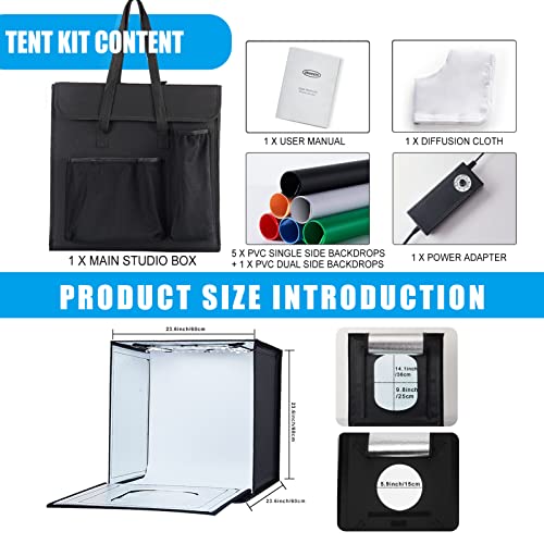 ZKEEZM Light Box Photography 24"x24" with 120LED Lights and 6 Color Backdrops Photo Box with Lights, Foldable Light Box wi...