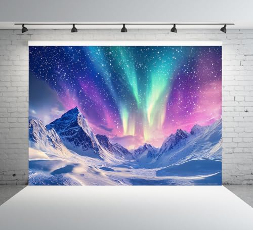 PONNYC Winnter Snow Northern Lights Backdrop Colorful Aurora Borealis Natural Scenery Snow Mountains View Night Starlit Ph...