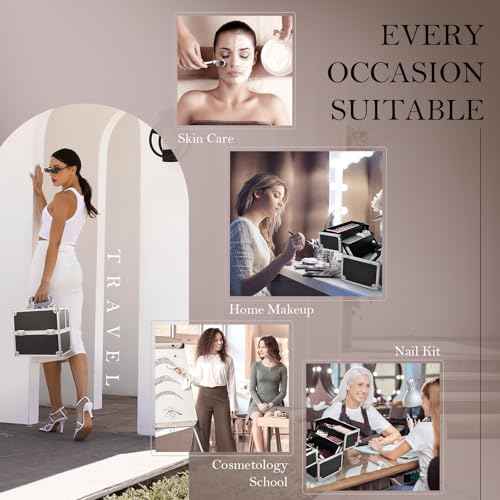 Frenessa Makeup Train Case Cosmetic Organizer Case Professional Makeup Storage Box 4 Trays with Divider Lockable Travel Case Portable Travel Makeup Box for Makeup Artist, Carfter, Cosmetics Black