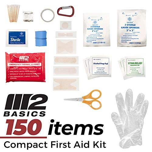 M2 BASICS Premium Compact First Aid Kit, 150 Pieces, Portable for Car, Travel, Vehicle, Hiking & Purse