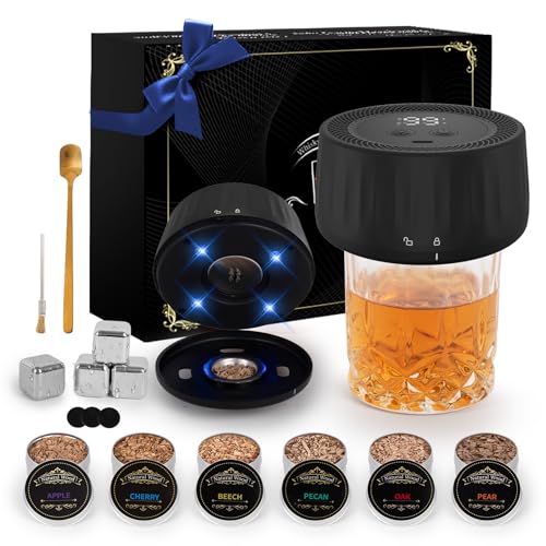 Electric Whiskey Smoker Kit with Led Lights, 4 Reusable Ice Cubes and 6 Flavors Natural Wood Chips, Old Fashioned Bourbon ...