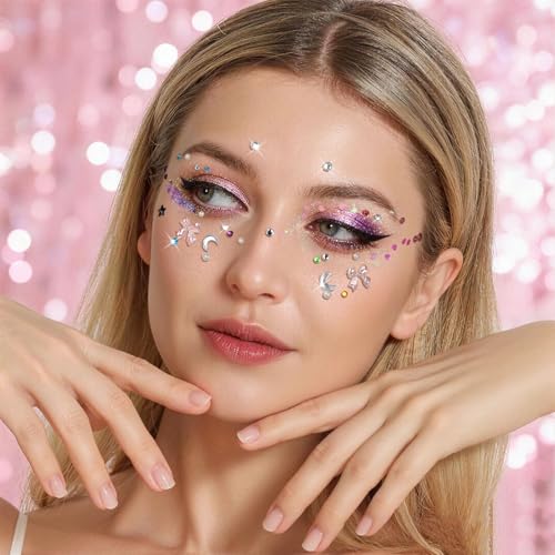 FANDAMEI Face Glitter Face Gems, 40 Colors Glitter Gel Palette with 6 Sheets Self Adhesive Hair Gems, Face Jewels for Wome...