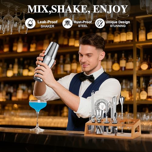 IOV Mixology Bartender Kit Bar Set with Stand | 17-Piece Cocktail Shaker Set | 28oz Boston Shaker Drink Mixer Set with All...