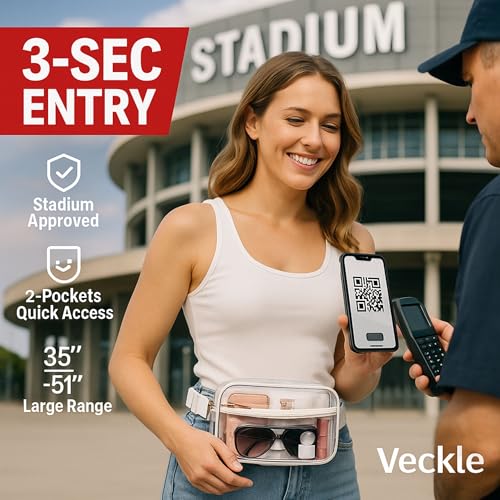 Veckle Clear Fanny Pack Stadium Approved - Plus Size Only 35" - 51" Transparent Belt Bag for Women Crossbody Clear Bag for...