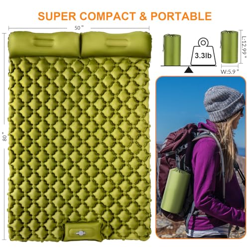Double Sleeping Pad, Ultralight 4" Extra-Thick Self Inflating Sleeping Mat for 2 Person with Pillow Built-in Foot Pump Por...