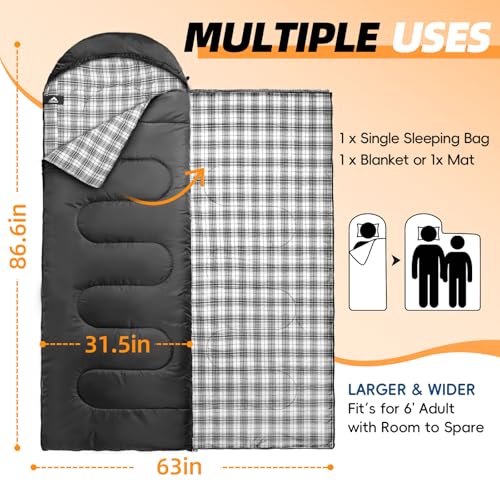 MEREZA Flannel Sleeping Bag for Adults XL, Large Wide Sleeping Bags for Camping Mens Warm Cotton Sleeping Bag 4 Season War...