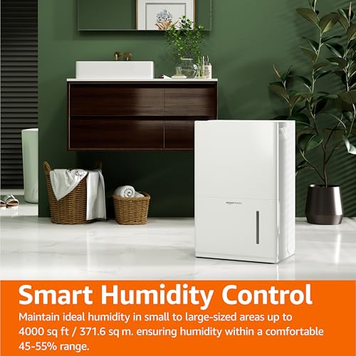 Amazon Basics Dehumidifier with Drain Pump, 50-Pint, Energy Star Certified, for Basement, Bathroom and Other Rooms Up to 4000 SFT, with Timer, auto-defrost, Overflow Protection, White