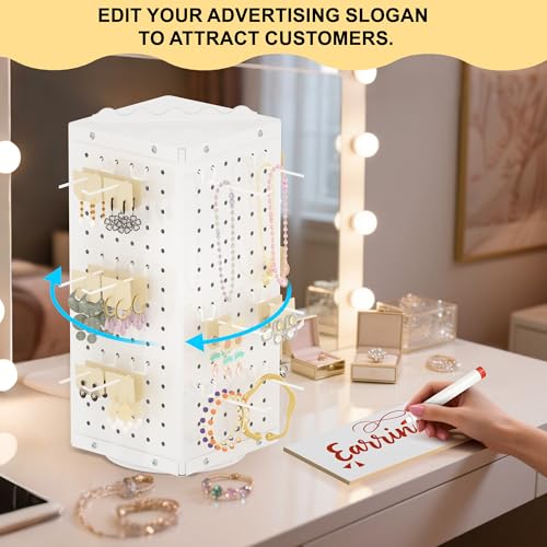 Urban Deco 360° Rotating Pegboard Display Stand with Signage, 4-Sided Spinning Peg Board Stand with 24 Hooks for Jewelry, ...
