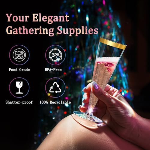 Plastic Champagne Flutes Gold Rim Disposable Champagne Glasses - 40 Pack 4.5 Oz Mimosa Glasses Bulk Cocktail Cups for Part...