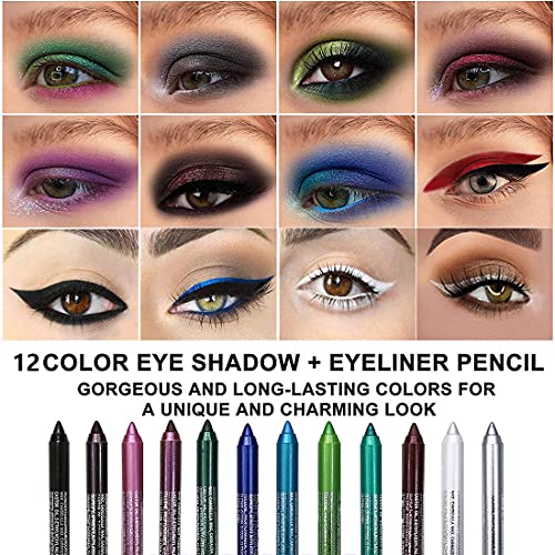 evpct 12Pcs Green Blue White Black Brown Purple Color Gel Glitter Eyeliner Pencils Set for Women Waterline Waterproof Smud...