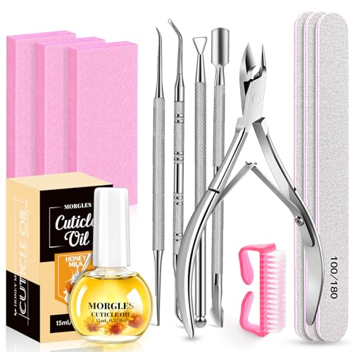 MORGLES Nail File and Buffer Blocks with Nail Care Kit, 13 Pcs Manicure Kit for Women with Milk and Honey Cuticle Oil and ...