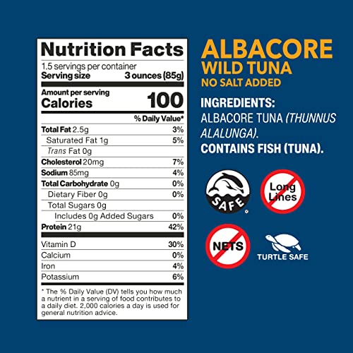 Wild Planet Wild Albacore Tuna, No Salt Added, Canned Tuna, Sustainably Wild-Caught, Non-GMO, Kosher 5 Ounce (Pack of 12),...