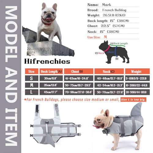Hifrenchies Dog Life Jacket Shark Swimming Vest Dog Safety Swimsuit Floatation Life Vest for French Bulldog/Pug(M,Shark)