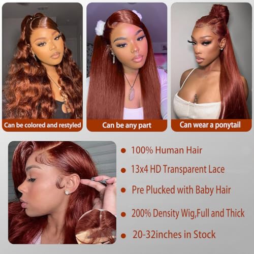 Reddish Brown Lace Front Wigs Human Hair Pre Plucked Brazilian Unprocessed Straight 13x4 HD Lace Frontal Wig with Baby Hair Auburn Copper Colored Wigs for Women (Reddish Brown,24 Inch)