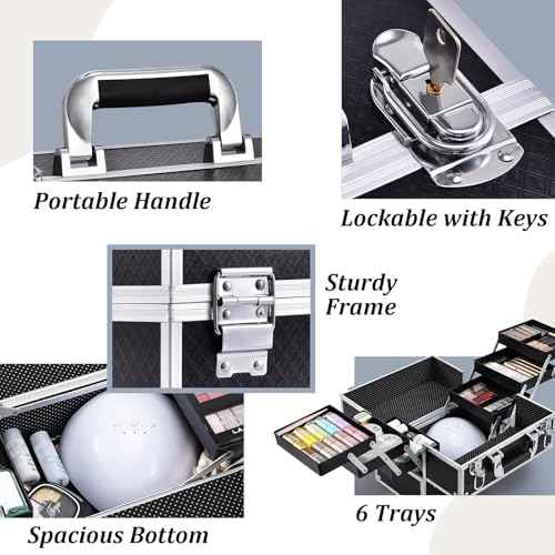 FRENESSA Makeup Train Case Makeup Case 11.8 Inch Large Cosmetic Box Organizer Travel Storage Professional Make Up Train Carrying Case with 6 Trays Locking Hard Vanity Storage Black