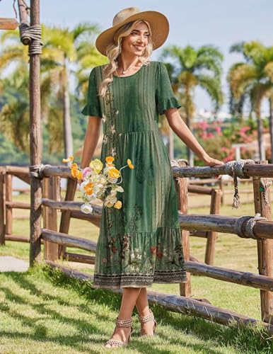 Zeagoo Womens Summer Dresses 2026 Casual Midi Dress Flowy Sundress Ruffle Short Sleeve Tiered Dresses A Line Boho Dress