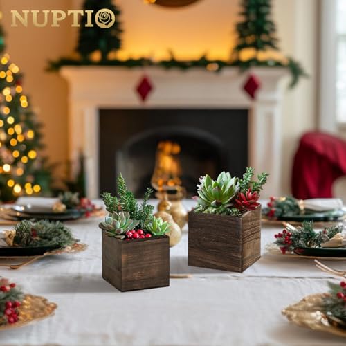 NUPTIO Wooden Box for Centerpiece Wedding: 6 Pcs Rustic Square Planter Box for Christmas Table Fall Decorations - 4×4" & ...