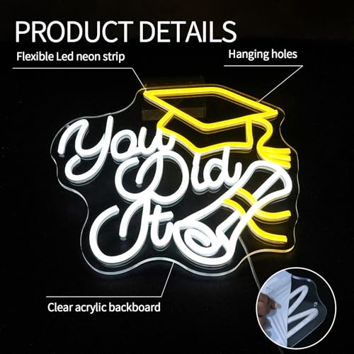 Virlusy You Did It Neon Sign for Wall Decor Dimmable Graduation Led Lights Signs Letters Signs for Class of 2025 Neon Ligh...