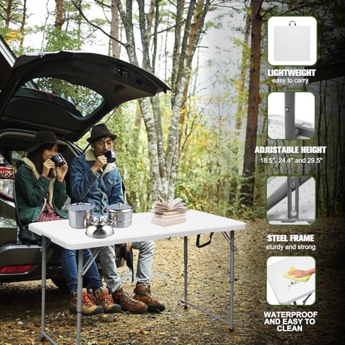 Byliable Folding Table 4 Foot Portable Heavy Duty Plastic Fold-in-Half Utility Table Small Indoor Outdoor Adjustable Heigh...