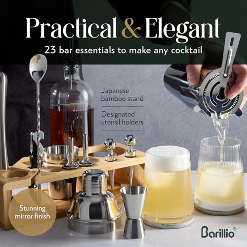 Barillio Bartender Kit - Stainless-Steel Cocktail Shaker Set w/Bamboo Stand - Mixology Bar Tools w/Drink Shaker, Mixer Spo...
