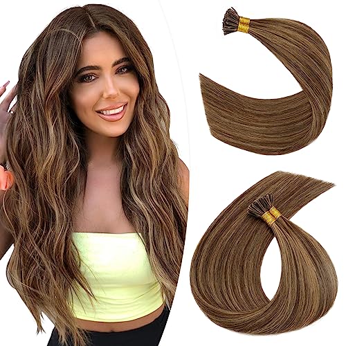 Hairro I Tip Human Hair Extensions Pre Bonded Fusion Hair Tipped Remy Hair Pieces Silky Straight Microlink Itip Keratin Stick Hairpieces For Women 22" 100 Strands 50g #4P27 Medium Brown&Dark Blonde