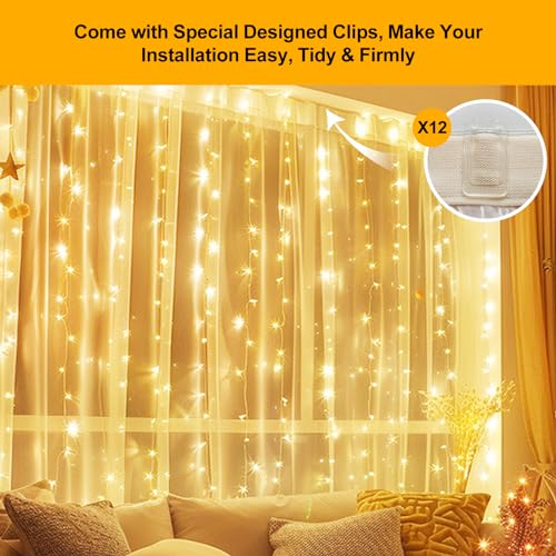 HOLITS Fairy Curtain Lights Upgraded Tangle-Free Warm White USB Plug in 8 Modes String Hanging Lights with Remote for Chri...