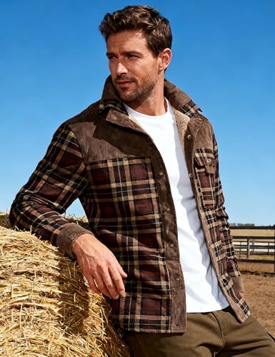 Flygo Men's Sherpa Lined Plaid Flannel Shirt Jacket Snap Button Warm Winter Jacket with Pockets