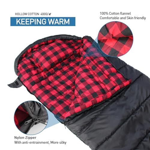 Keencamp 0 Degree Sleeping Bag Cotton Flannel Winter Cold Weather for Adults XXL Sleeping Bag 4 Season Big and Tall with P...