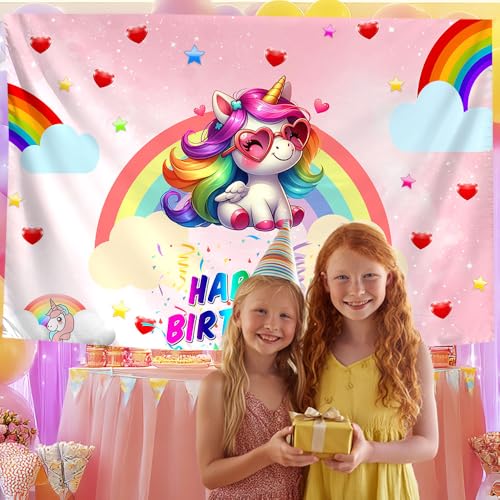 Unicorn Birthday Backdrop Decorations for Girls Party 7x5ft Pastel Rainbow Glitter Stars Dotsphotography Background Happy ...