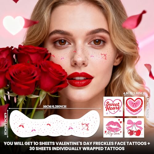 Cerlaza Valentines Day Accessories, 40 Pcs Valentines Temporary Tattoos Heart Glitter Freckles Face Stickers Makeup for Wo...