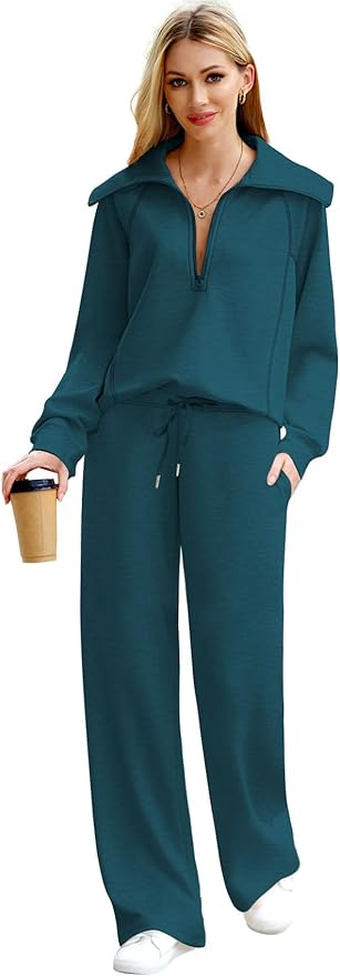 XIEERDUO Lounge Sets For Women 2025 Half Zip Sweatshirt And Wide Leg Sweatpant 2 Piece Outfits Sweatsuit Tracksuit