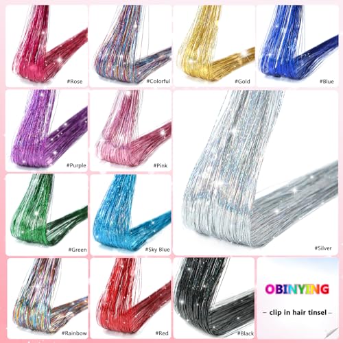 Obinying Hair Tinsel Pack of 18 Pcs Hair Tinsel Clip in 20.5 Inch Glitter Tinsel Hair Extensions Clip in Hair Tinsel Kit P...