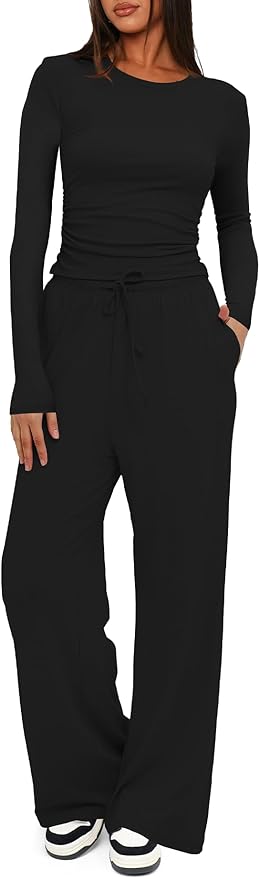 Darong Women's 2 Piece Outfits Lounge Sets 2026 Long Sleeve Tops Wide Leg Pants Casual Matching Set