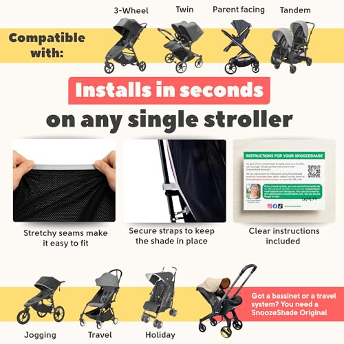 SnoozeShade Plus Extra, Stroller Sun Shade, Mosquito Net for 6m+ Babies, Blocks 99% of UV (UPF 50+) Universal Fit Blackout...