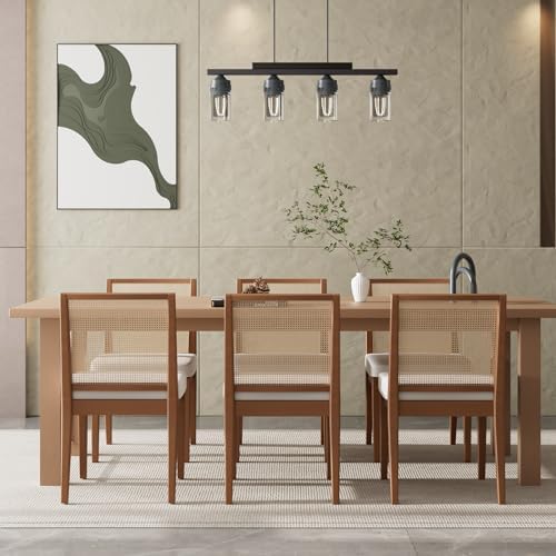 DAYALANE Rattan Dining Chairs Set of 2, Farmhouse Linen Dining Room Chairs Kitchen Chairs with Cane Back, Upholstered Rattan Chairs Comfy Side Wood Chair for Living Room/Restaurant, Natural Cream