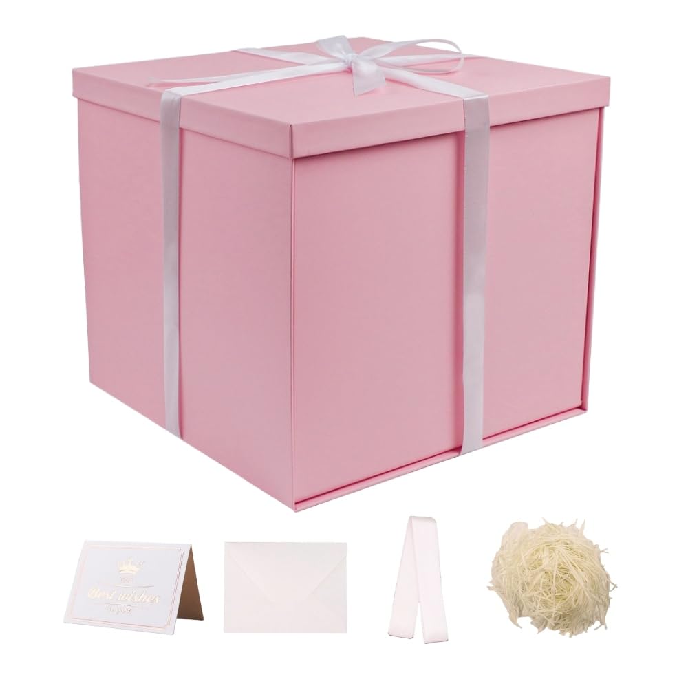 UoeRing Large Gift Box with Lid 12x12x11 Inch,Pink Gift Boxes for Presents Packaging for Birthdays,Valentine's Day,Mother's Day,Christmas with Ribbon Card Envelope Shredded Paper Fill (Matte Pink)