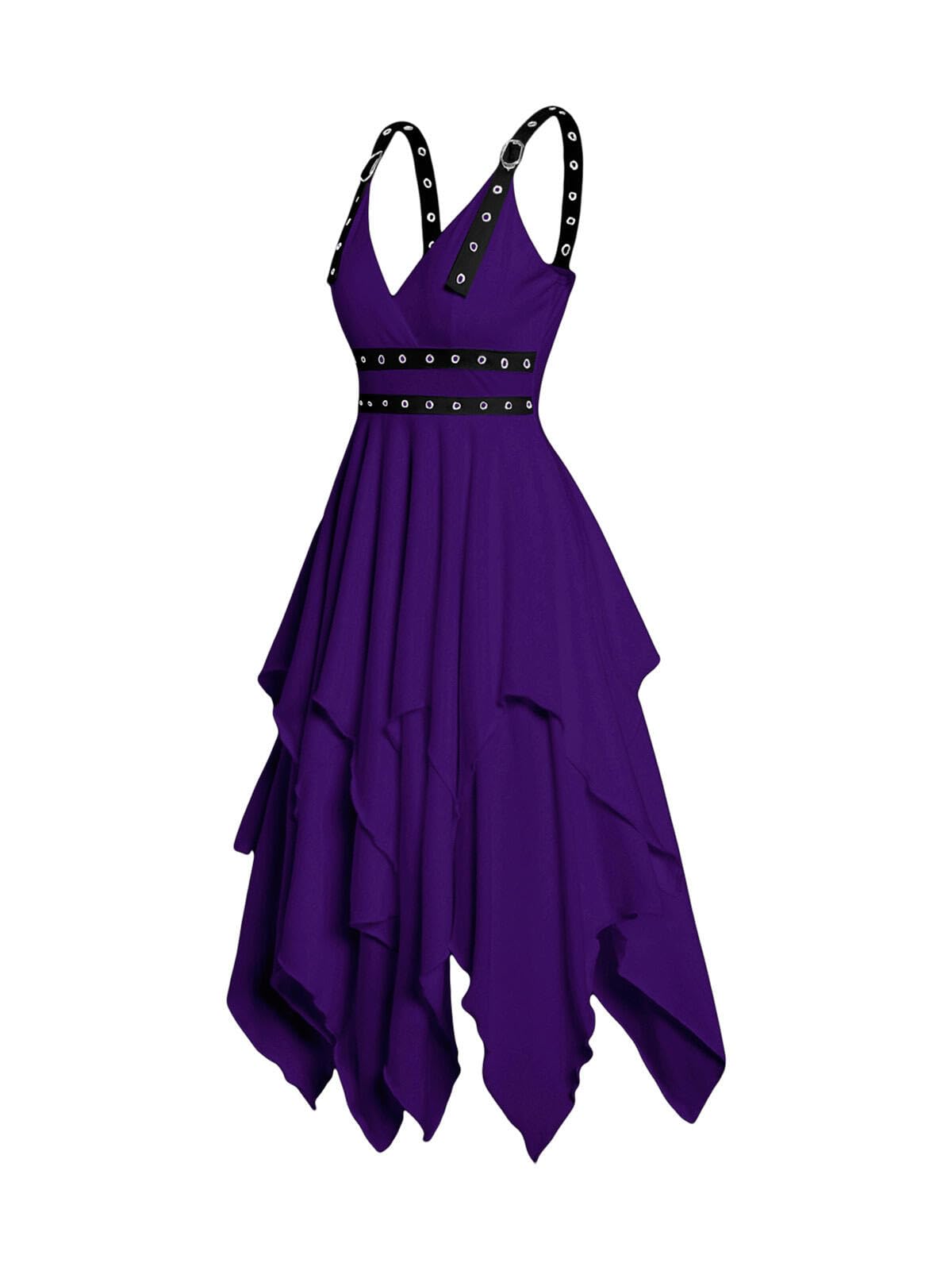 DRESSFO Women's Casual Sleeveless V Neck Tiered A Line Flowy Wrap Gothic Dress (Concord/Large)