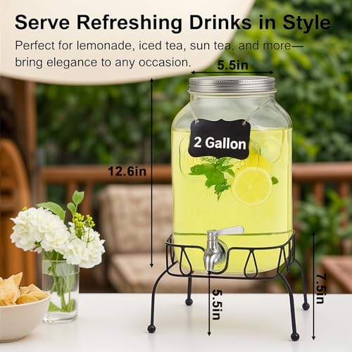 2 Gallon Glass Drink Dispenser with Stand, Ice Cylinder,Stainless Steel Leakproof Spigot and Lid,Glass Beverage Dispenser ...