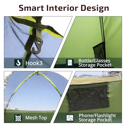 Golabs CT1 2 Person Camping Tent, Easy Set Up in 3 Mins, PU1500mm Waterproof w/Mesh Top & Door with Ventilation, Lightweig...