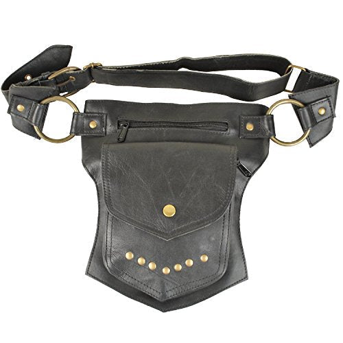 Black Leather Travel Belt, Fanny Pack with Gold Studs and Metal Grommets, for Men & Women, One Size Fits All, Perfect for ...