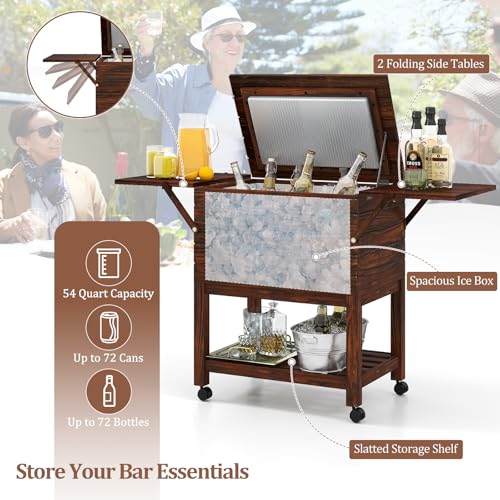 Tangkula Rolling Wooden Patio Cooler Cart, 54 Quart Outdoor Ice Chest Cooler Cart with 2 Drop Leaf Tables, Bottle Opener &...