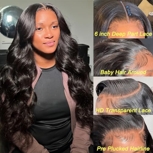 Body Wave HD Lace Front Wigs Human Hair Pre Plucked 24 Inch 180% Density 13x6 Glueless Frontal Wigs Human Hair Lace Front Wigs for Black Women Human Hair Natural Black