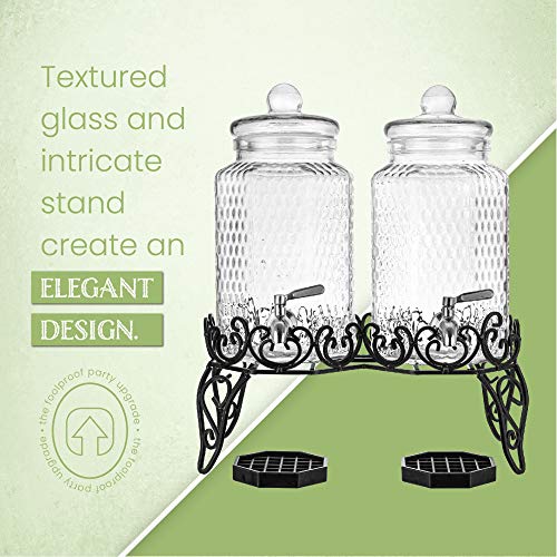 Double Glass Beverage Dispenser Set - 2 Gallon Punch Dispensers with Stand, Spigot, and Drip Trays | Ideal for Juice, Tea,...
