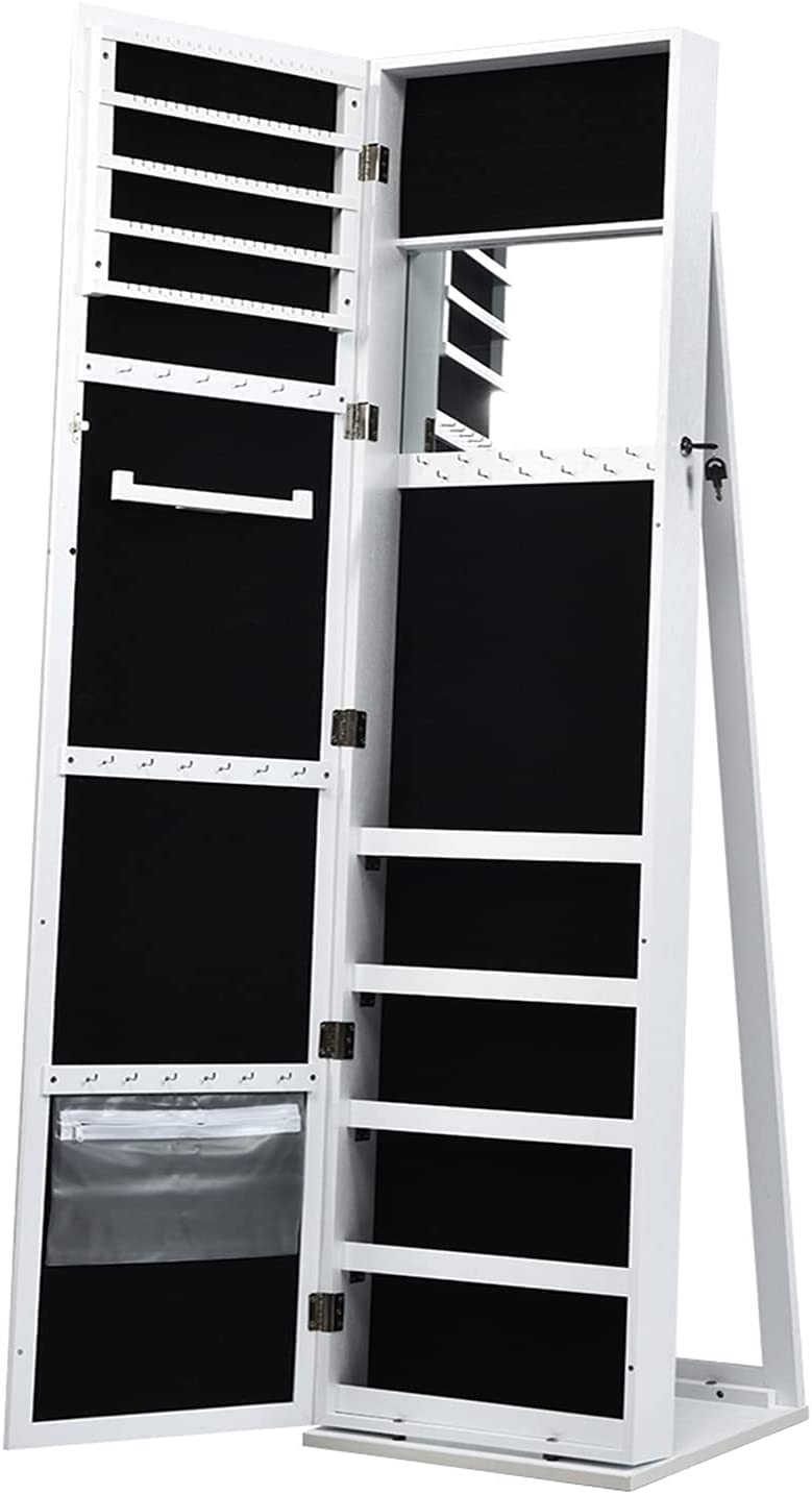 FANTASK Full Length Mirror Jewelry Cabinet, Free Standing Jewelry Armoire w/Inside Makeup Mirror, Stable Base, Large Storage Capacity, White Lockable Jewelry Cabinet Organizer, Easy Assembly