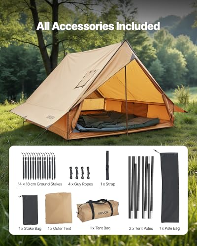 VEVOR Hot Tent, Camping Tipi Hot Tents with Stove Jack, Portable Winter Camping Tents with Snow Skirt, Easy Setup, Waterpr...
