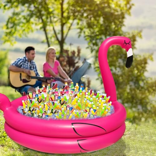 TURNMEON 130+ Cans Super Large Capacity Inflatable Flamingo Drink Cooler with Bottom Quick-Drain, Luau Hawaiian Tropical B...