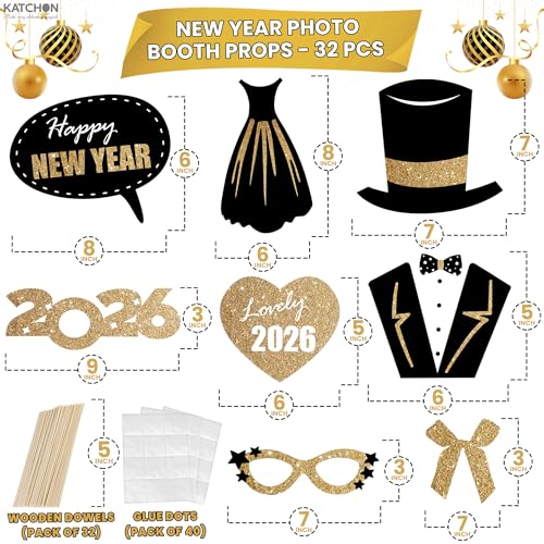 KatchOn, Glitter New Years Photo Booth Props 2026 - Pack of 32 | New Years Eve Photo Booth Props for Happy New Years Decor...