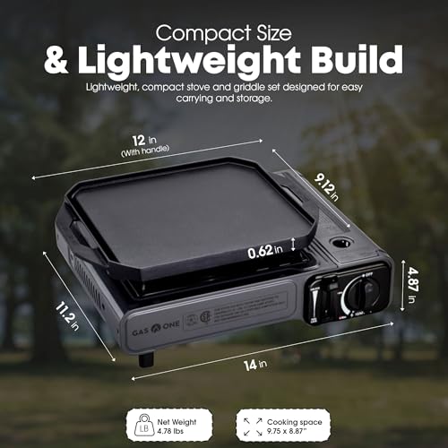 GasOne GS-1000G-KIT Butane Gas Stove with Flat Top Griddle Included – Butane Grill Tent Stove Burners for Cooking for Camp...