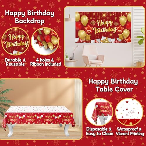 Red and Gold Birthday Decorations for Women Men Girls Boys, 72pcs Red and Gold Party Decorations Happy Birthday Backdrop B...